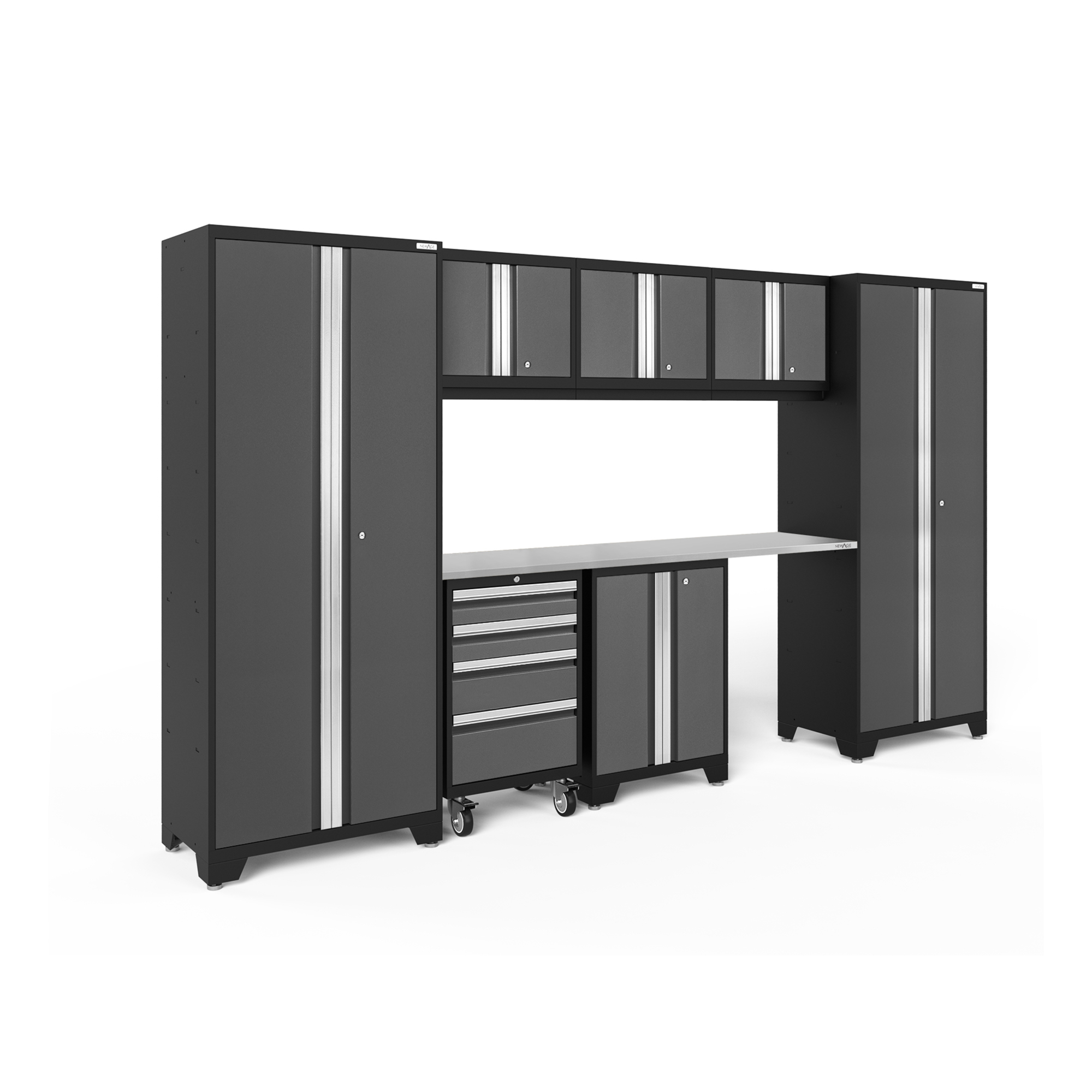 NewAge Products, Bold Series Gray 8-Pc. Steel Garage Cabinet Set, Width 132 in, Height 76.75 in, Depth 18 in, Model# 50404